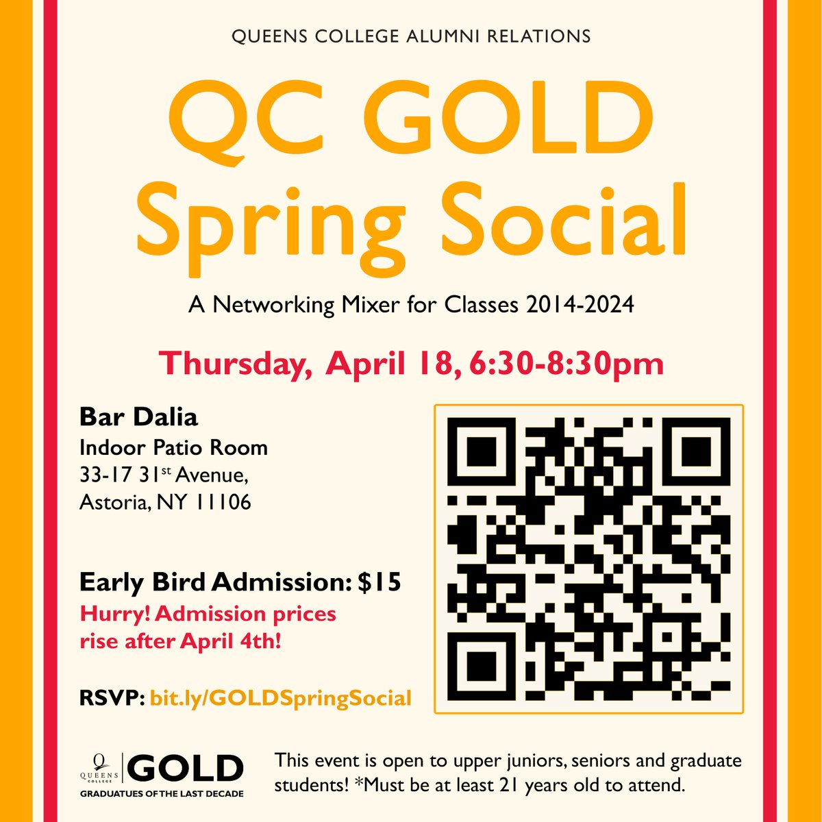 Hurry! Don't miss out on the unforgettable #QCGOLD Spring Social at Bar Dalia on Thurs, 4/18 @ 6:30pm! Secure your spot with a 40% OFF Early Bird Special ($15). RSVP by this Thurs, 4/4: bit.ly/GOLDSpringSoci… Must be 21+ to attend✨See you there! #queenscollege #qcalumni
