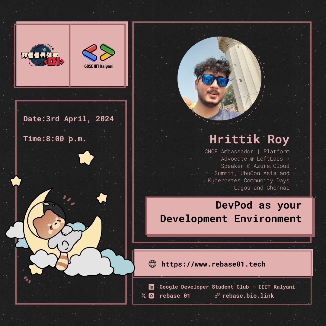 Join our YouTube live stream on 'DevPod as your Development Environment' ft. @hrittikhere 🚀 🕓 20:00 IST onwards 🗓️ Wednesday, April 3, 2024 go register and set reminders: gdsc.community.dev/e/m5erdd/ 🔔 for updates: rebase01.devfolio.co 📝