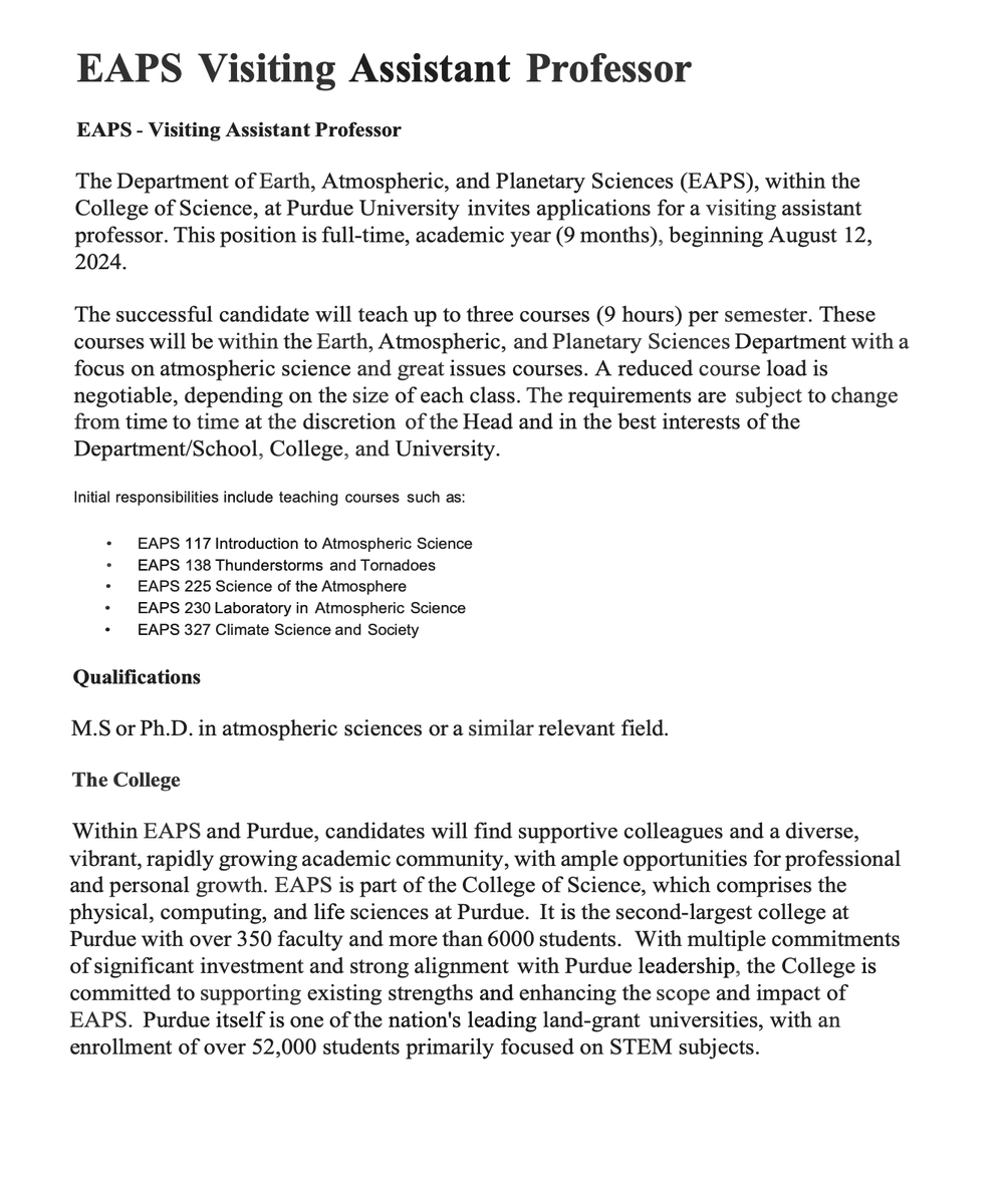 Please consider applying to this exciting position at Purdue EAPS as a Visiting Assistant Professor. @PurdueEAPS More information can be found from the attached snapshot including courses to teach, and the application link is here: careers.purdue.edu/default/job/EA…