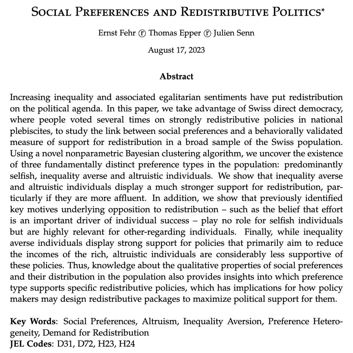 😀 Excited to share that our paper 'Social Preferences and Redistributive Politics' was just accepted for publication at the Review of Economics and Statistics. (Hopefully no April's fool 🙊😅)