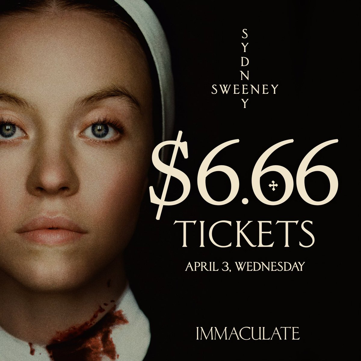This Wednesday, experience IMMACULATE for the devilish price of $6.66. Tickets will be available at participating theaters (@AMCTheatres, @RegalMovies, @Marcus_Theatres, @HarkinsTheatres) across all showtimes on Wednesday only: immaculate.film