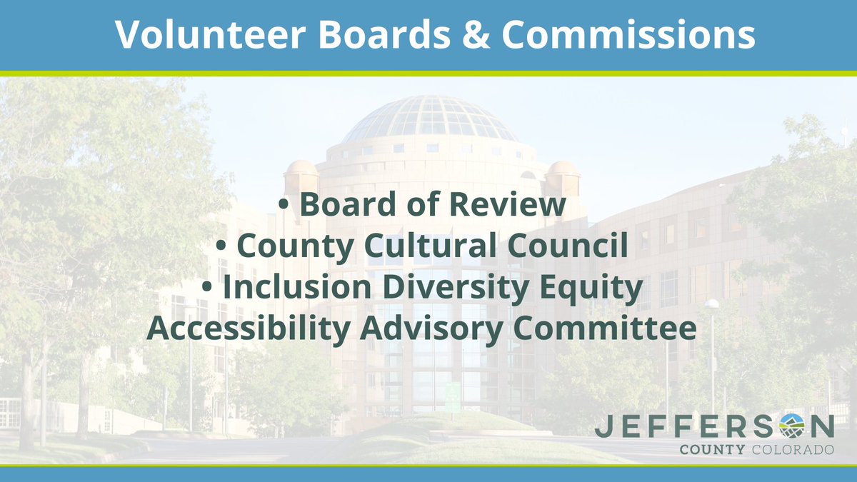 Service through Jefferson County’s volunteer boards and commissions is a great way for #Jeffco residents to provide make a positive impact. Apply by 4/15: jeffco.us/767/Boards-Com… 1/