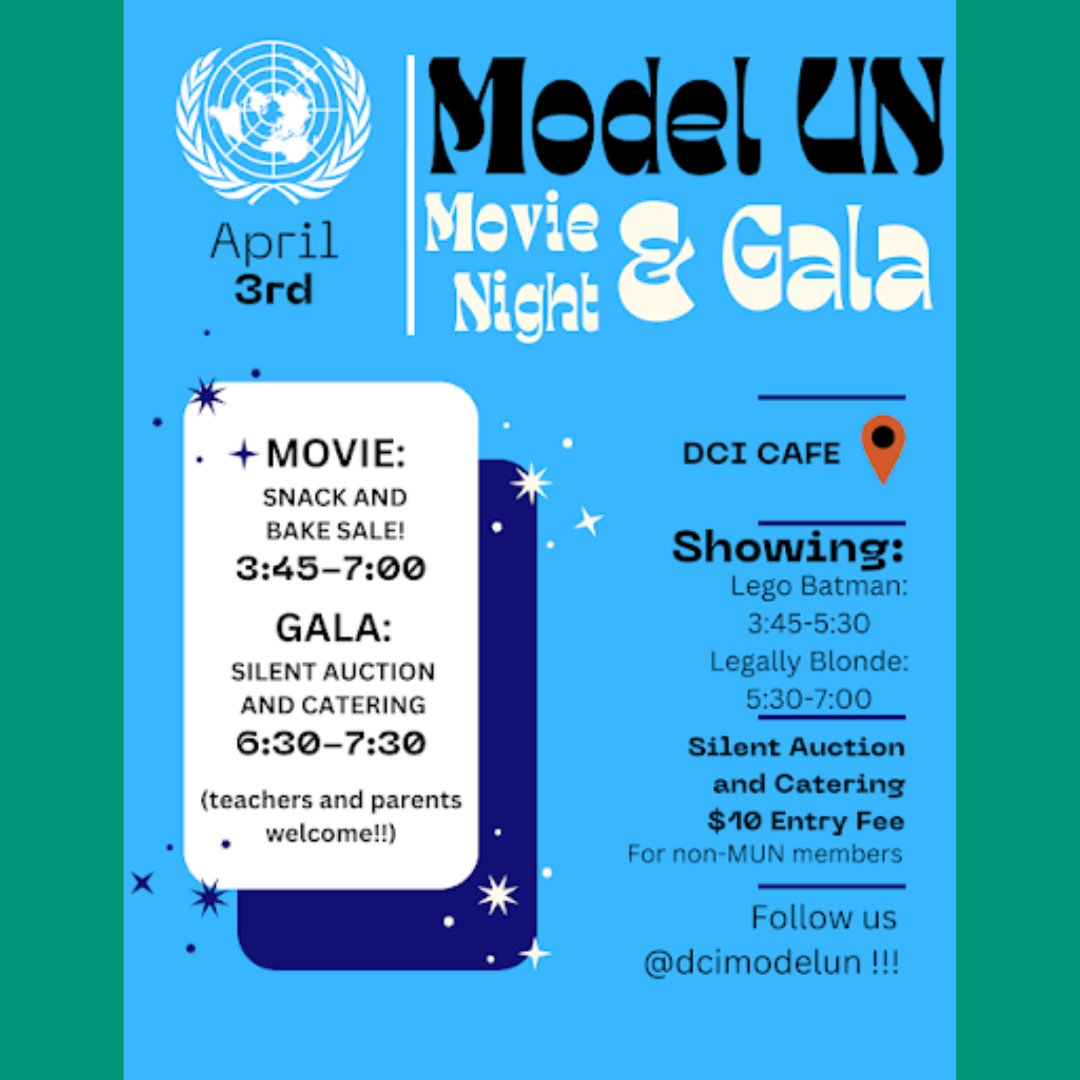 Support our Model UN Club by attending their Movie Night & Gala tomorrow night! (Main Cafe from 3:45-7:30 p.m.) Attendees can expect a movie night, snack sales, and an exciting auction. RSVP and contribute to this worthy cause: ow.ly/kcOL50R5MXu We hope to see you there!