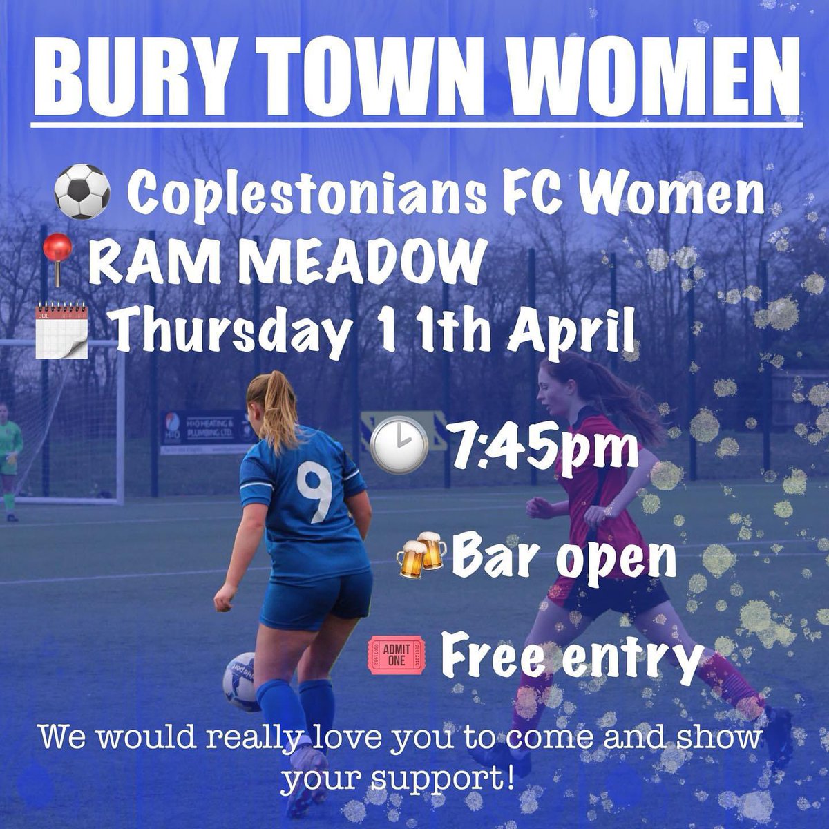 We are really excited to announce that our Women’s team will be playing at Ram meadow on Thursday 11th April, kick off 7:45pm We would really love to see as much support as possible! Entry is free of charge and the bar is going to be open🍻 Please share #burytowncommuintyfc