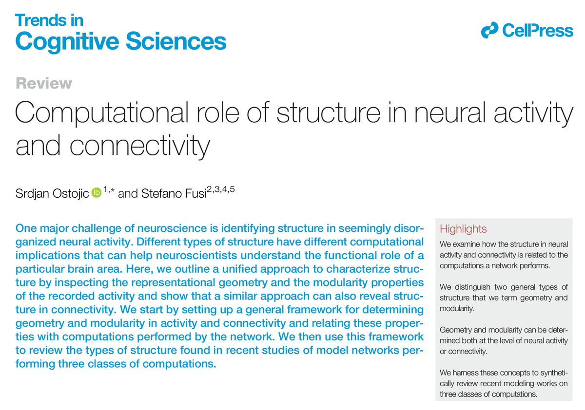Computational role of structure in neural activity and connectivity Review by Srdjan Ostojic (@ostojic_srdjan) & Stefano Fusi (@StefanoFusi2) Free access until May 17: authors.elsevier.com/a/1iqmw4sIRvTA…