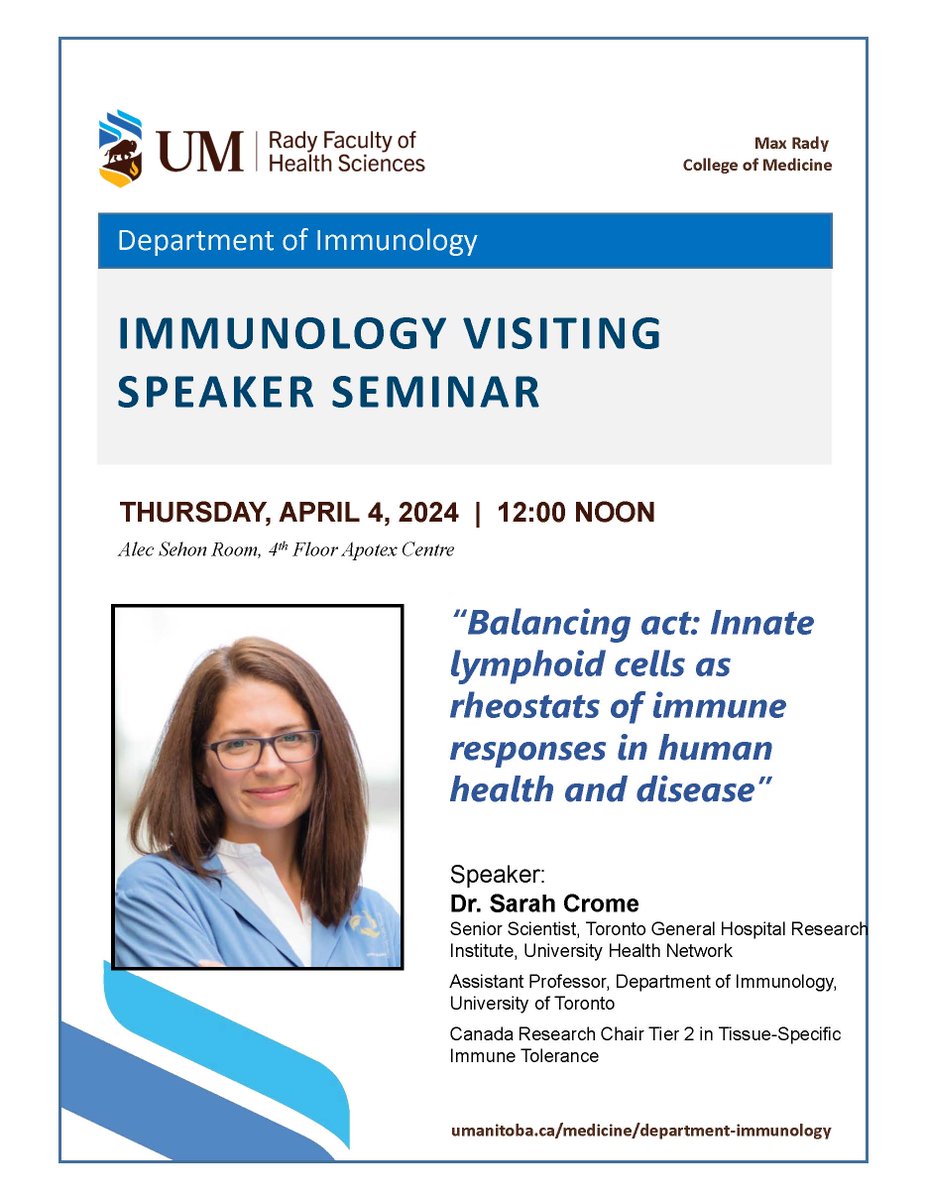 Join us Thursday as @sarah_crome presents at the Immunology Visiting Speaker Series! @UM_RadyFHS @um_research @UHN @TGHRI_UHN @ImmunologyUofT