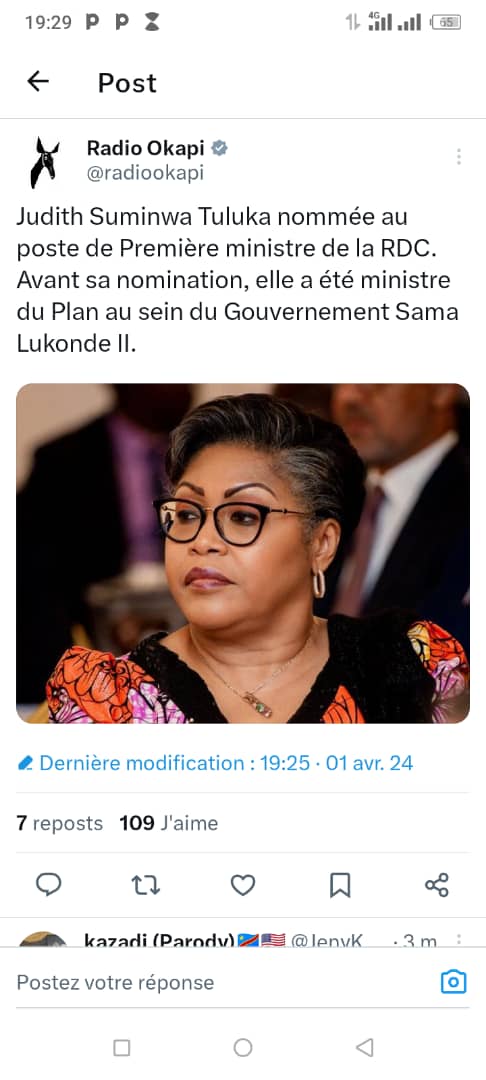 Une première en RDC,  félicitations son Excellence madame la Première ministre de la RDc, nous croyons en vous, je sais que vous ferez la fierté des  femmes. Merci au Président de la RDC