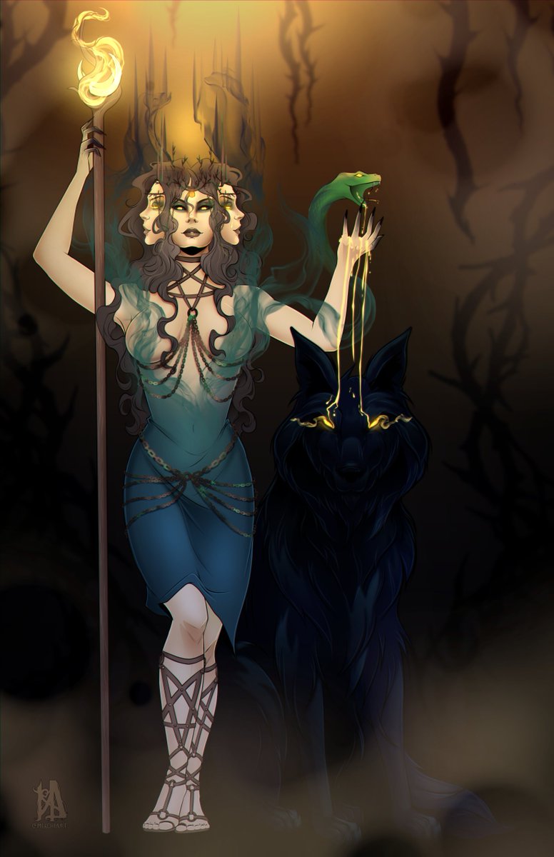 MischiArt's tweet photo. 💛Fun as hell commissions for Fairfax of her Hecate inspired deity and their summoner, Levanna! 🖤 Love these color palettes!! https://t.co/HsPIP6Gium