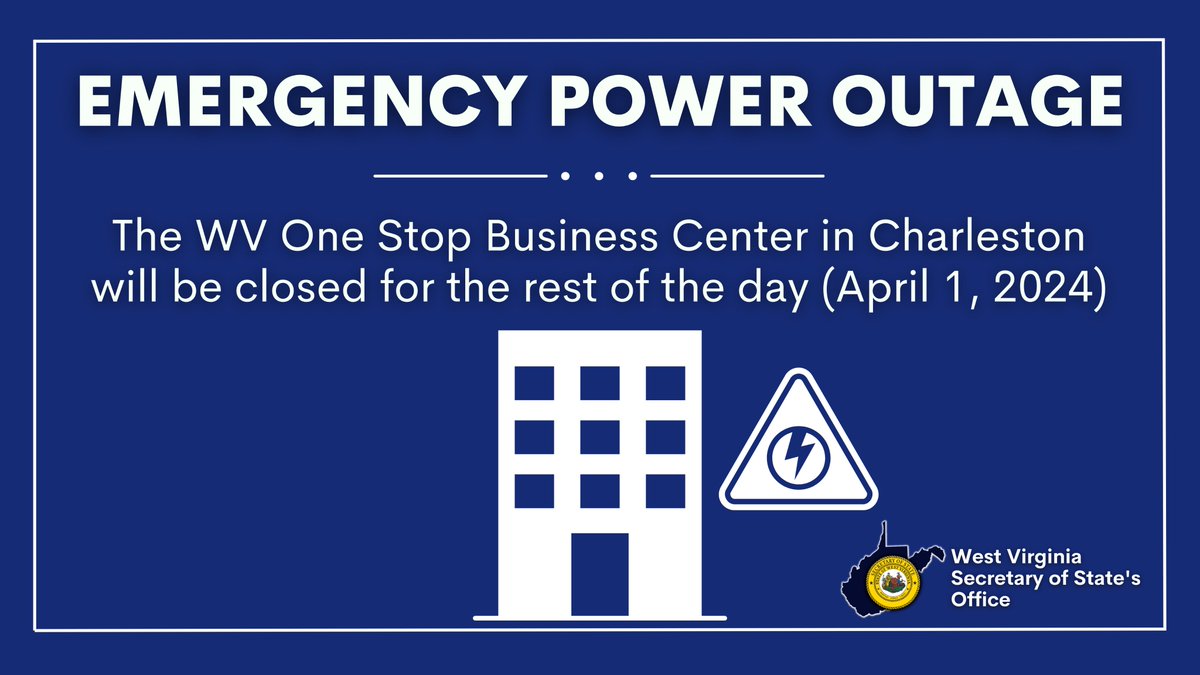 wvsosoffice's tweet photo. Due to an unforeseen electrical outage in the building, the WV One Stop Business Center in Charleston will be closed for the rest of today, April 1, 2024.

The Business Division is still available by phone at 304-558-8000 or by using our online services at https://t.co/9lhhd02NQX https://t.co/RgTgXdU9By