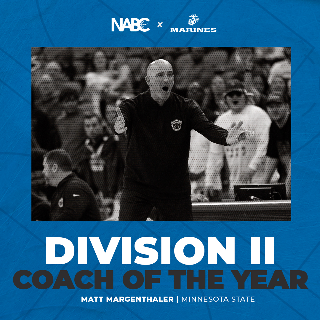 The leader of the champs! Minnesota State's Matt Margenthaler is the 2024 NABC Division II Coach of the Year presented by the Marines!