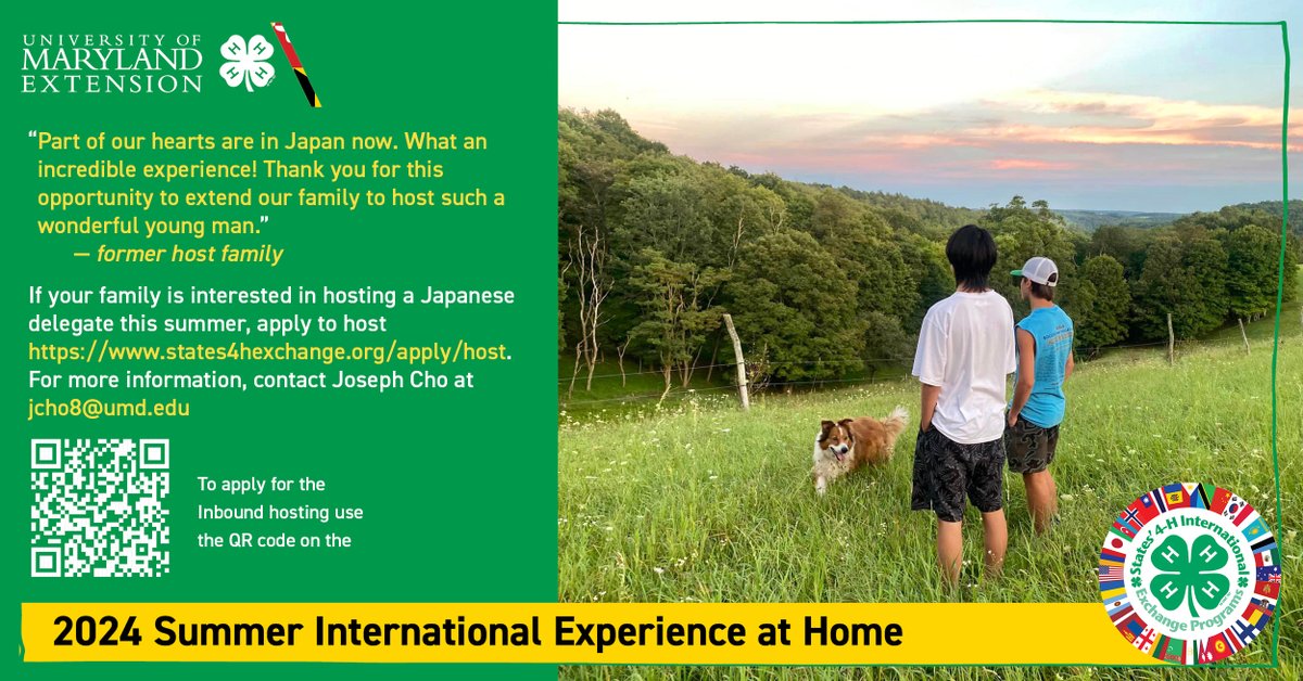 Maryland4H's tweet photo. If your family wants to host a Japanese delegate this summer, apply to host at https://t.co/KAzCHgbprR.
For more information, contact Joseph Cho at jcho8@umd.edu
#4h #exchangeCultures #learnFromEachOther #JapaneseYouth #PartOfOurHearts #YouthExchangeProgram #Japan https://t.co/ZddQ7bhR1J