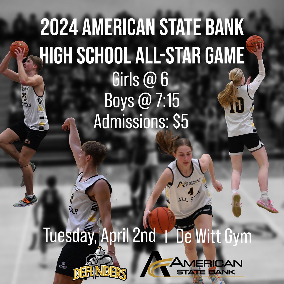 The 2024 American State Bank High School All-Star Basketball Games are happening Tuesday night, April 2 at the De Witt Gym. Girls game at 6pm boys to follow at 7:15