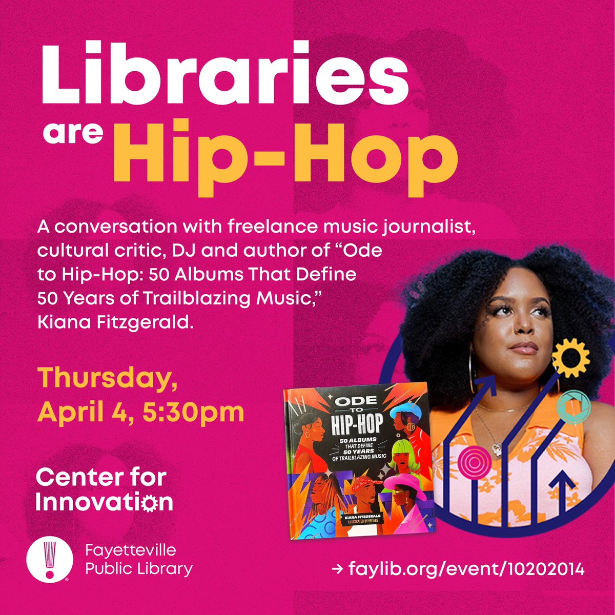 I’ll be at Fayetteville Public Library in Arkansas this Thursday 4/4! I’ve been invited to talk about my favorite thing in the world: hip-hop. That includes my book, which I can’t wait to continue celebrating. 🥰 Details: faylib.org/event/10202014