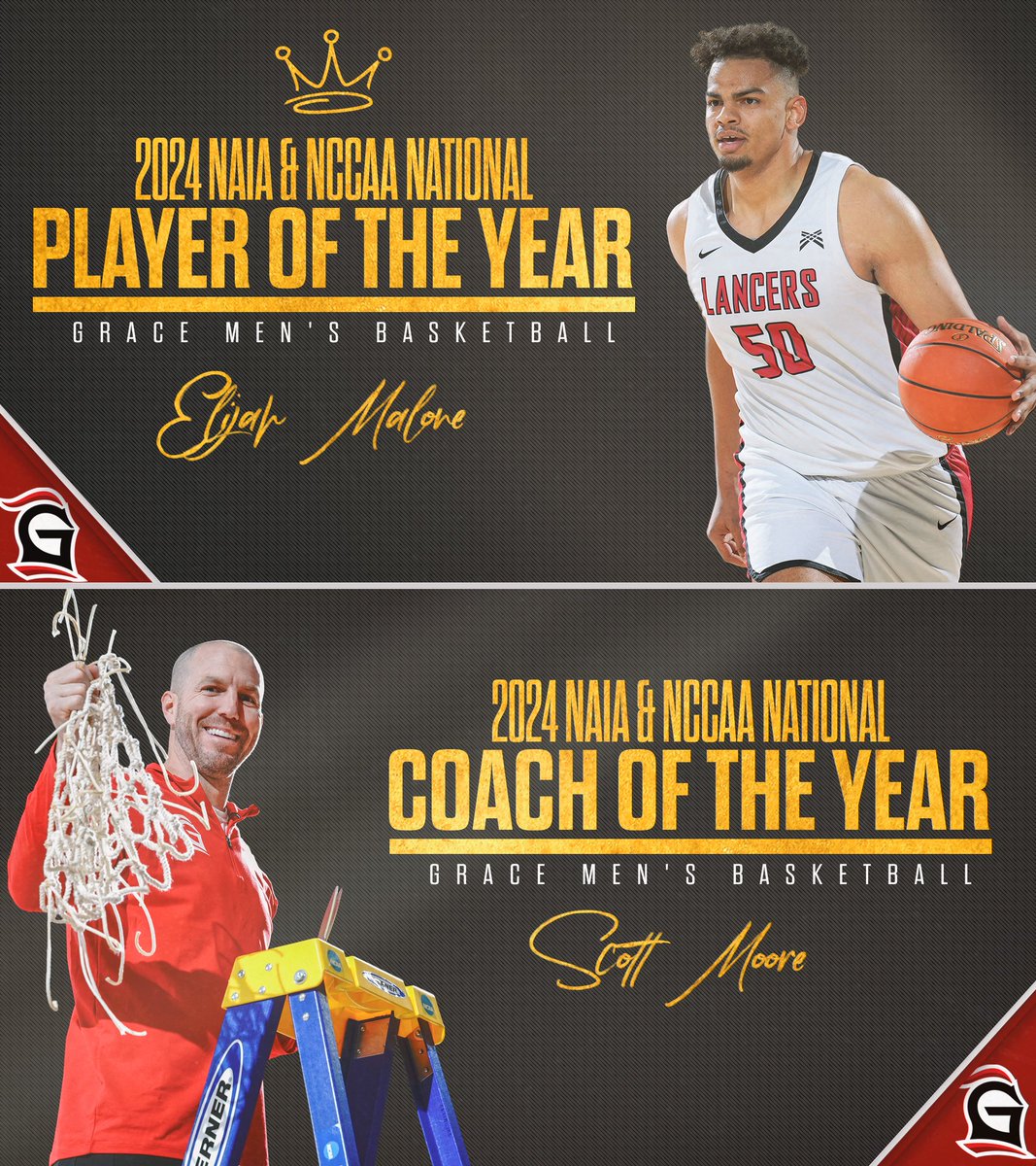 An unprecedented season for @GraceBasketball ended with a pair of crowning awards! 👑 - Elijah Malone, NAIA-NABC + NCCAA National Player of the Year 🏀 - Scott Moore, NAIA-NABC + NCCAA National Coach of the Year gclancers.com/news/2024/4/1/…