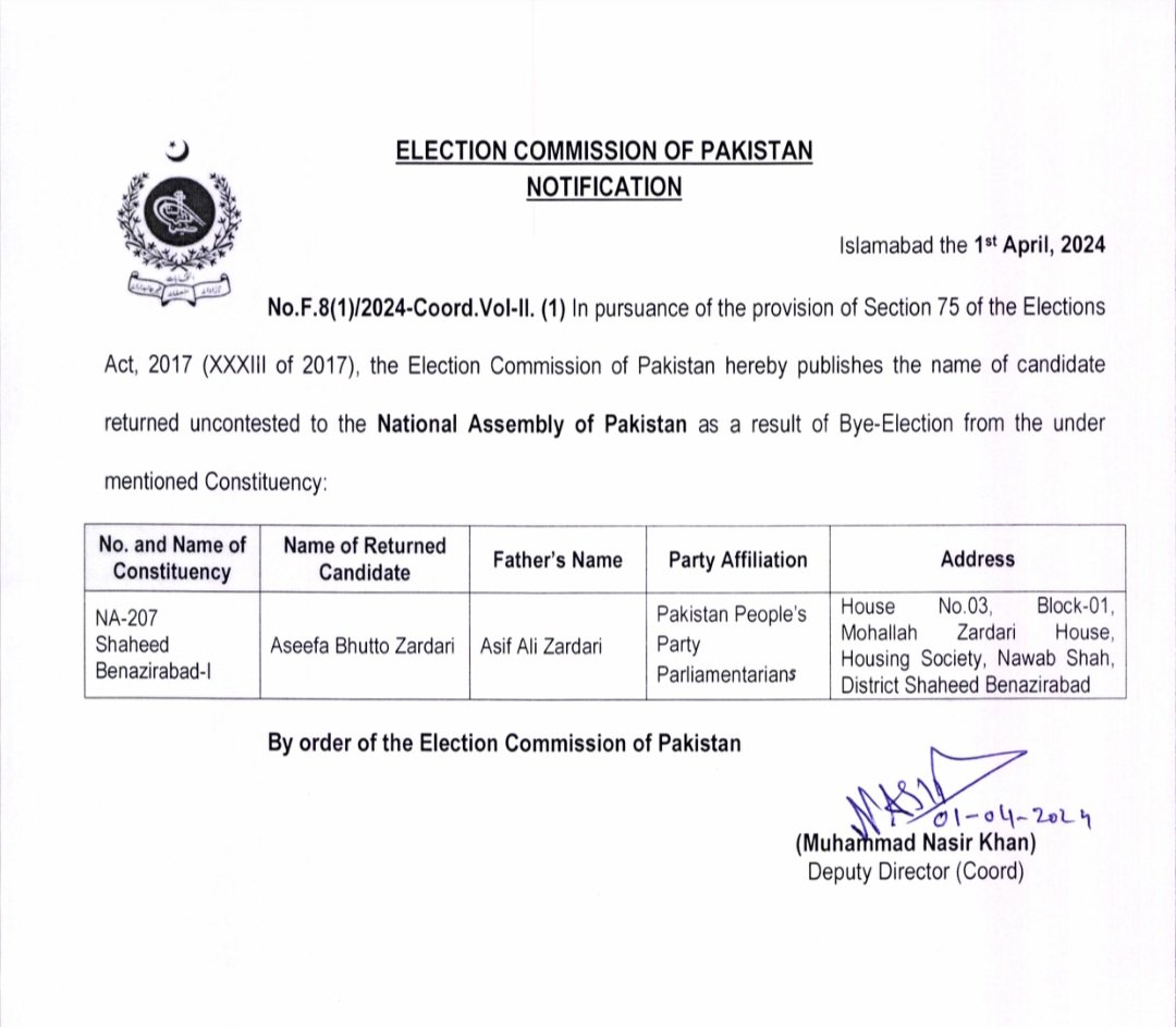 HullioSikandar's tweet photo. The Election Commission of Pakistan issues the Notification of the Result of Bibi @AseefaBZ on her success in Bye-Election from NA - 207, Shaheed Benazirabad I. https://t.co/4REAAUT8GX