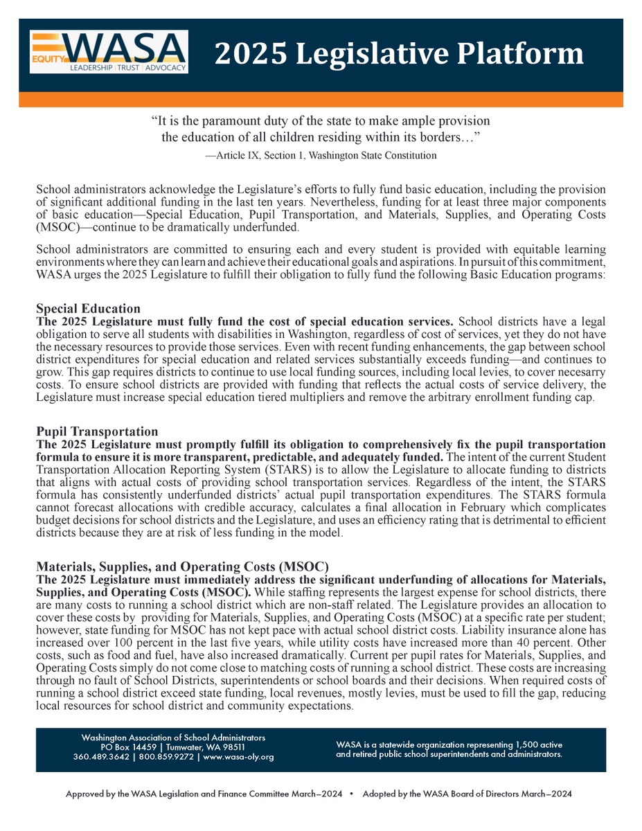 📣 Announcing WASA's 2025 Legislative Platform: Focusing on Special Education, Pupil Transportation, & MSOC to ensure fair funding for all 295 districts. Let's unite & speak with one voice for our schools' future. Full details: bit.ly/LegPlat25 #EducationForAll