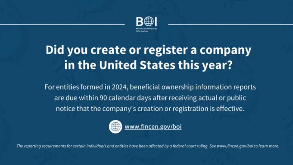 New US companies created or registered in 2024 have 90 days to report beneficial ownership information. Today is the first rolling filing deadline and covers companies formed on Jan 1st. If you created a company in Jan 2024, your deadline is this month! Fincen.gov/boi