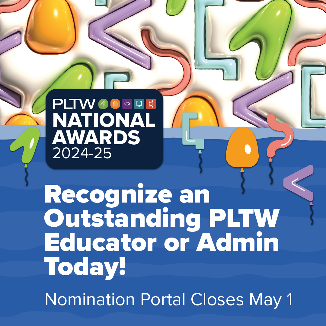 🌟 Calling All PLTW Educators! 🌟 We’re excited to announce that the nomination portal for the 2024-25 National PLTW Teacher and Administrator of the Year Awards is now open! Submit a nomination by May 1. bit.ly/4aeHLPq