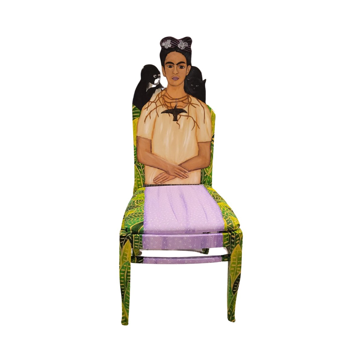#milwaukee Artist ToddFendos.com interpretation of Frida Kahlo's 1940  Self Portrait w Thorn Necklace &amp; Hummingbird. #fridakahloinspired #fridakahloart #fridakahlo #upcycledfurniture #paintedfurniture #funkyfurniture #accentchair #interiorart #paintedchair #functionalart