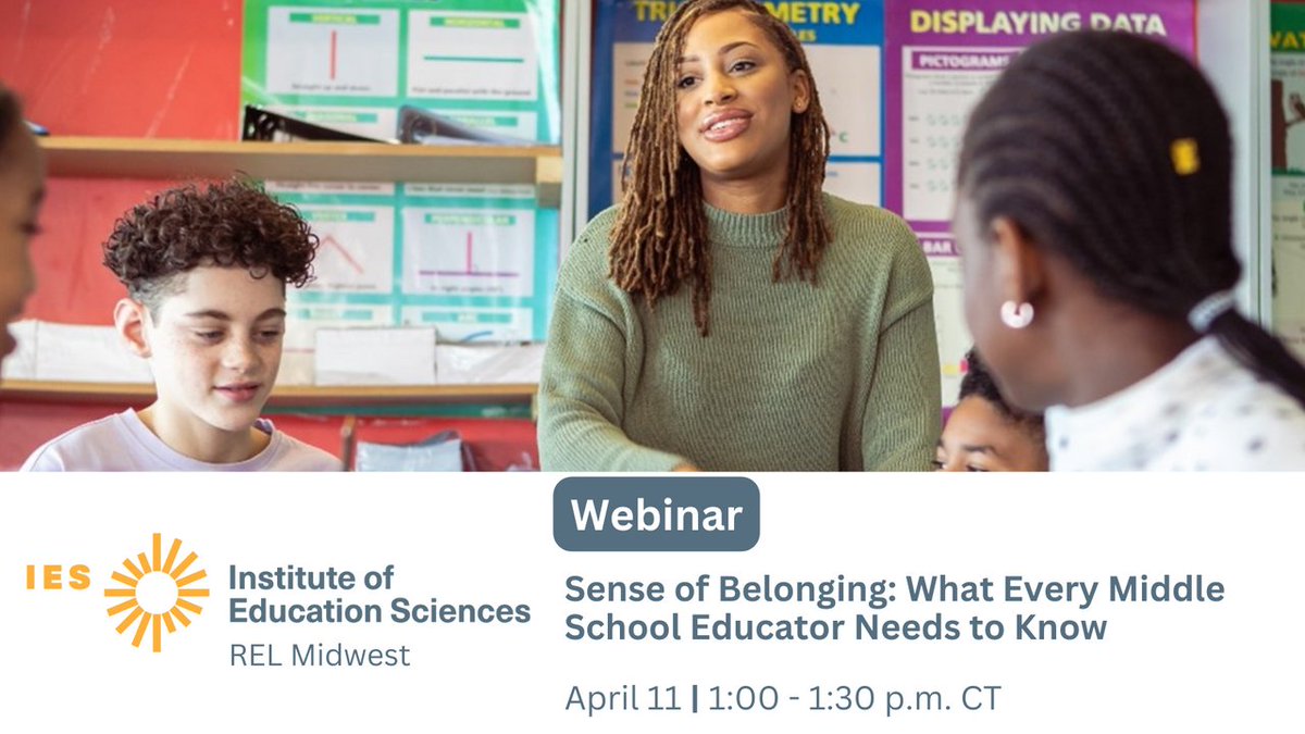 Calling all #educators! Join @RELMidwest for a free webinar about the importance of sense of belonging for middle schoolers and strategies for teachers and school leaders to improve it. Register: air-org.zoom.us/webinar/regist…