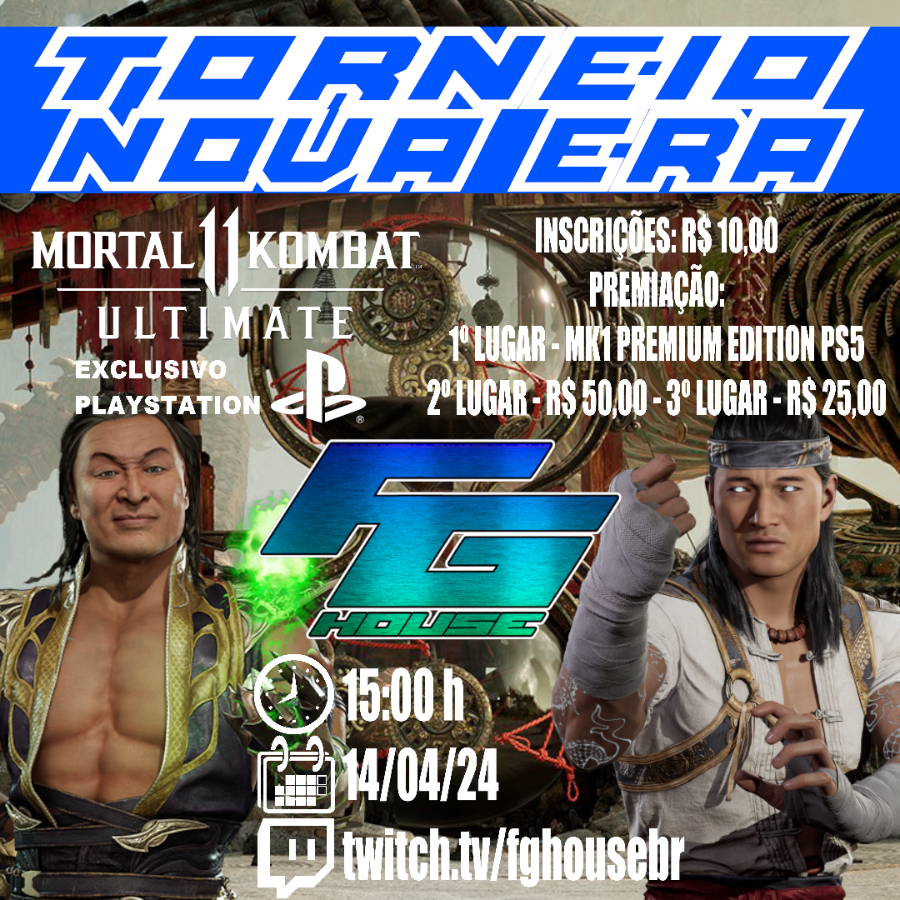 fghousebr's tweet photo. Torneio Nova Era FGHouse - Mortal Kombat 11
Exclusivo para Playstation - mínimo de 16 participantes
Taxa de inscrição - R$ 10,00
Premiação:
1º Lugar - 1 Mortal Kombat 1 Premium Edition para PS5
2º Lugar - R$ 50,00
3º Lugar - R$ 25,00
Mais informações em https://t.co/1hE9uIy1ol https://t.co/VCiueXOFr2