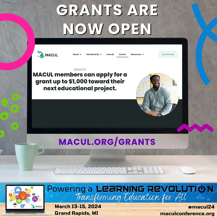 MACUL's tweet photo. 💵 MACUL GRANTS NOW OPEN! 💵
Did you know that MACUL members are eligible to apply for our grants program and can get up to $1,000 for their classrooms? For more information, visit: https://t.co/tqni57tuXE. https://t.co/XWHJBHn0cY