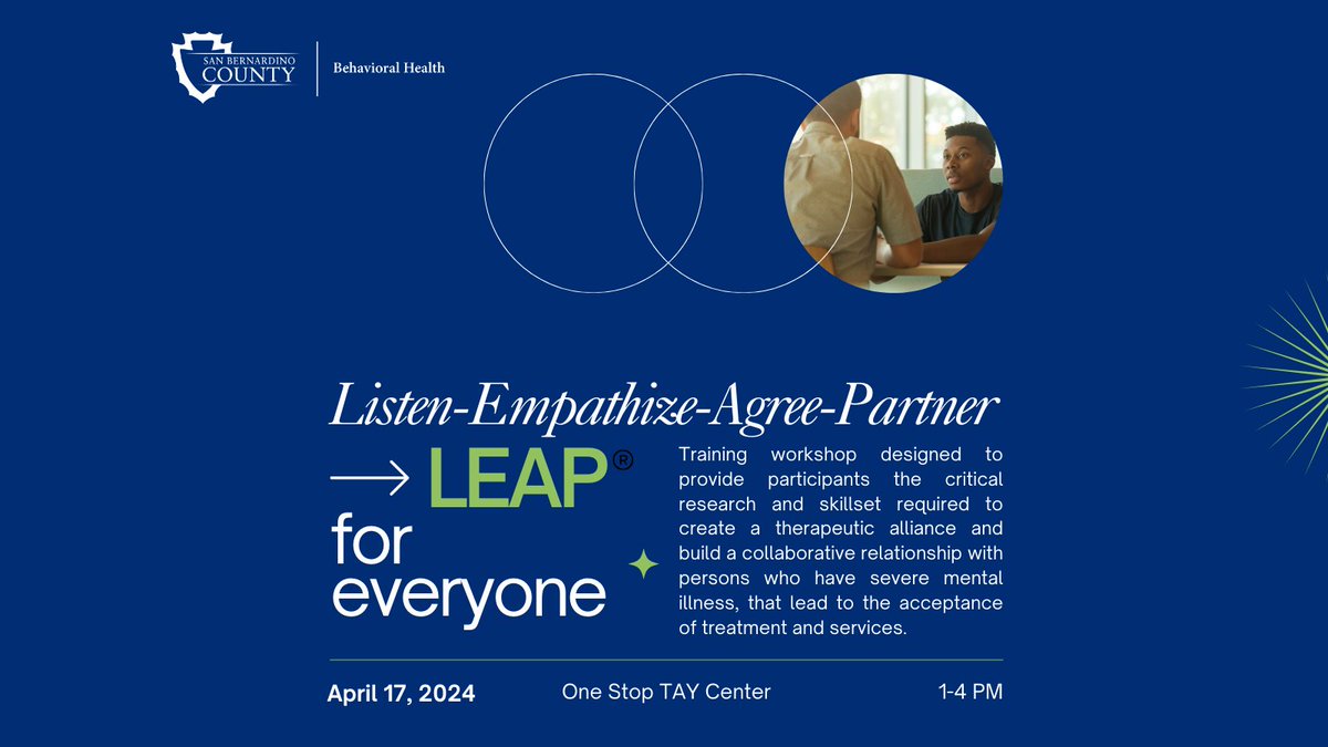sbcdbh's tweet image. Join us on April 17 from 1-4 p.m. for our LEAP Training workshop! Enhance your skills in building relationships with those living with severe mental illness. Sign up now! ow.ly/vZR150R5YA1  #LEAPTraining #mentalhealthawareness