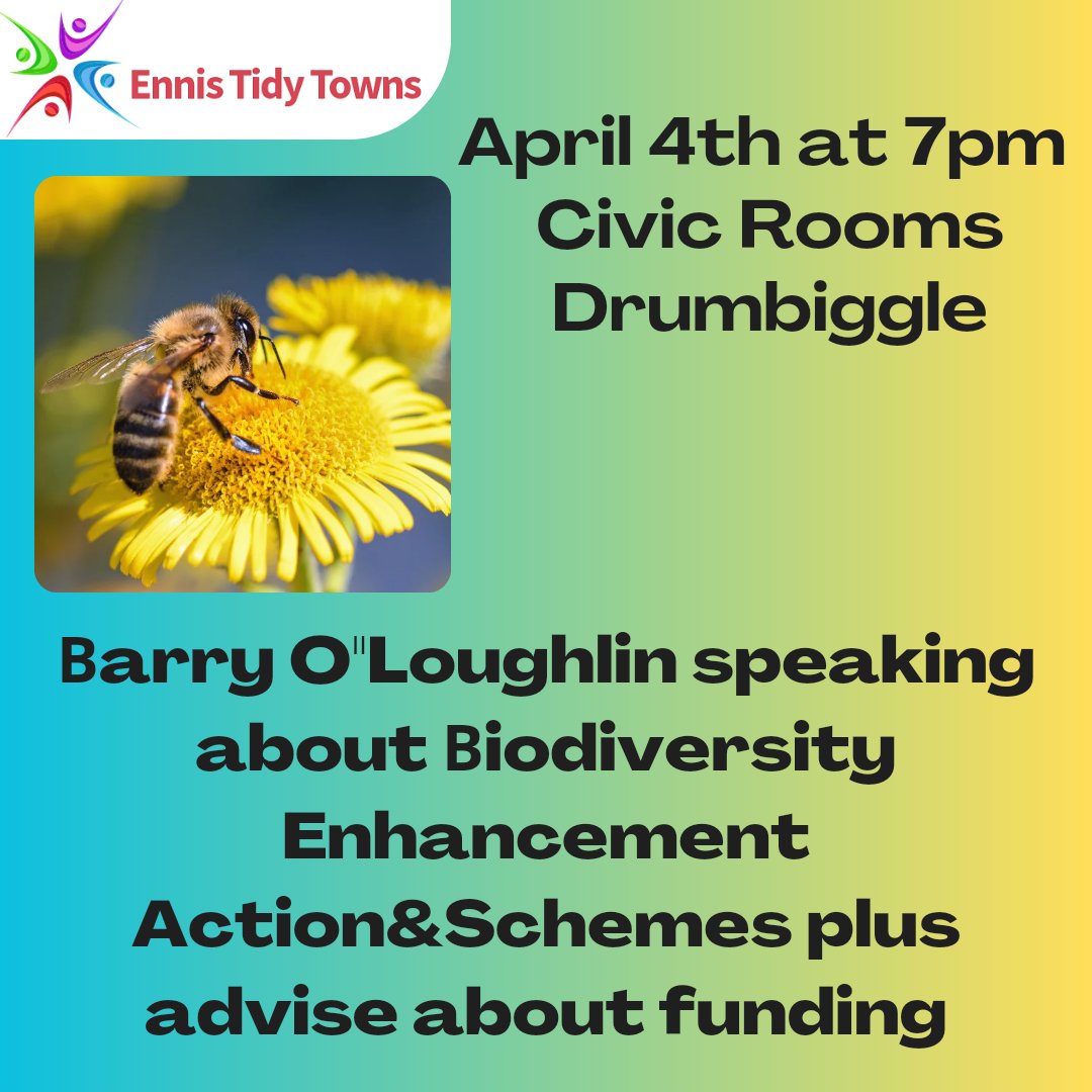 🐞Biodiversity Talk with Barry O'Loughlin 🐝 🗓Thursday April 4th, 7pm 💶 This is a free event 📌Civic Rooms at Waterpark House on Drumbiggle road - V95 N1NR 👨‍👩‍👧‍👦Everyone is welcome to attend