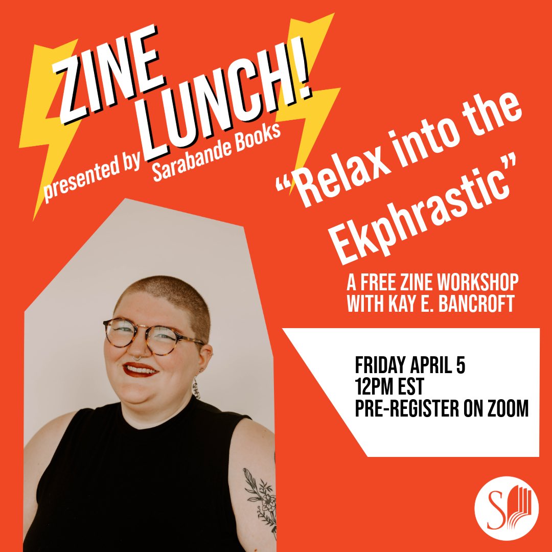 ⚡️ZINE LUNCH!⚡️ presents “Relax into the Ekphrastic,” a free, online workshop with Kay E. Bancroft this Friday, April 5 at 12 PM EST. Learn more and register at the link in our bio!