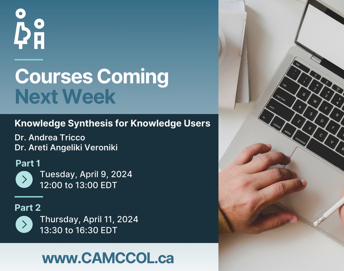 UPCOMING COURSES | Knowledge Synthesis for Knowledge Users

Join us next week on April 9 and 11 for a course (in two parts) presented by Dr. Andrea Tricco and Dr. Areti Angeliki Veroniki from @UofT! 

👉 Part 1: bit.ly/3TzupWT | Part 2: bit.ly/3TTHJqv