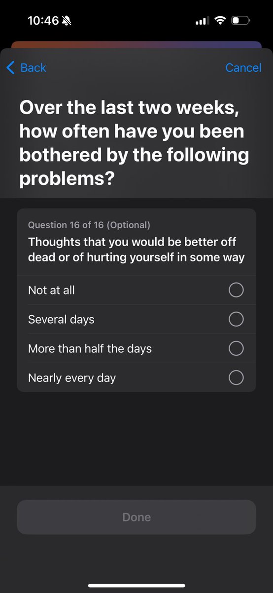Just your friendly iPhone asking how often you've thought about killing yourself lately. Through a 'mental wellbeing' popup you get if you use the Health app. Another crazy instance of @AbigailShrier's Bad Therapy thesis that this stuff has run amok.