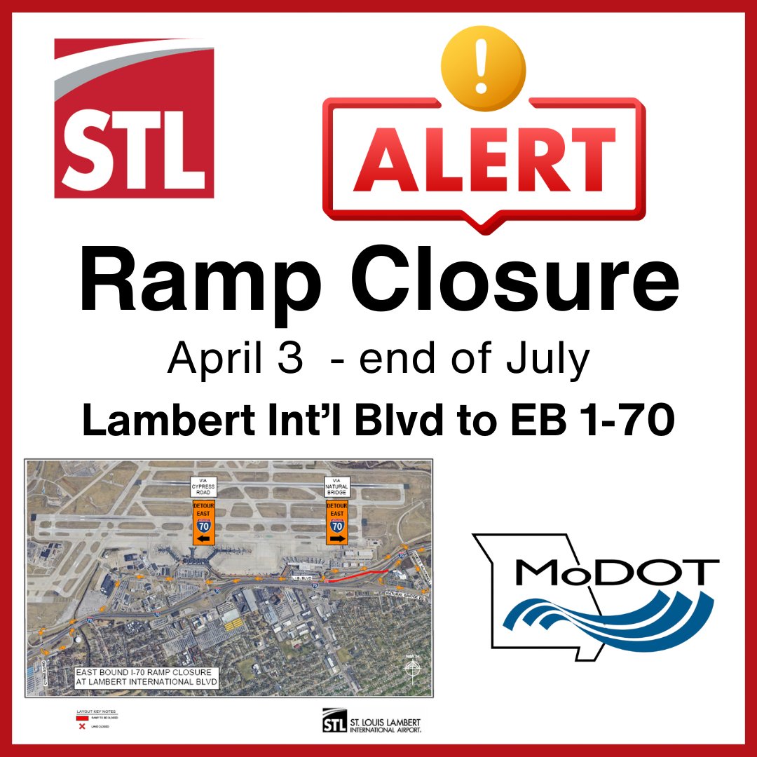 flystl's tweet photo. Beginning Wednesday, April 3 at 7 a.m., MoDOT crews will close the ramp from Lambert International Blvd. to eastbound I-70 to repair the bridge deck and make other improvements.  The ramp will be closed through the end of July.
#FLYSTL #MODOT #RampClosure https://t.co/UlrOoAB4ug