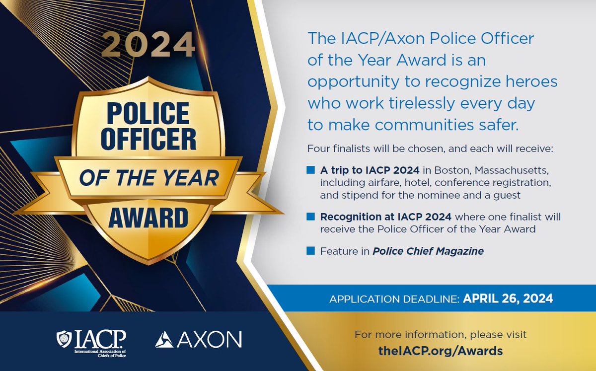 There is still time to nominate someone for the 2024 IACP/Axon Police Officer of the Year Award. To learn more about this award and nominate an outstanding officer before the April 26, 2024 submission deadline, please visit theiacp.org/awards/police-…