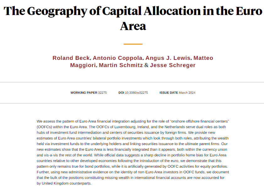 nberpubs's tweet photo. Assessing the pattern of Euro area financial integration adjusting for the role of “on-shore offshore financial centers” within the Area, from Roland Beck, @acoppola4, Angus J. Lewis, @m_maggiori, Martin Schmitz, and @jschreger https://t.co/pgaGo56FNo https://t.co/yfW90Wo7Bn