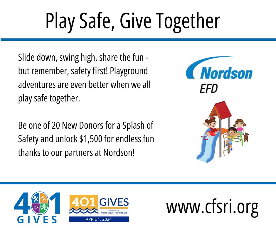 Slide down, swing high, share the fun - but remember, safety first! Playground adventures are even better when we all play safe together. Be one of 20 New Donors and unlock $1,500 for endless fun thanks to our partners at Nordson! 401gives.org/organizations/… @401Gives