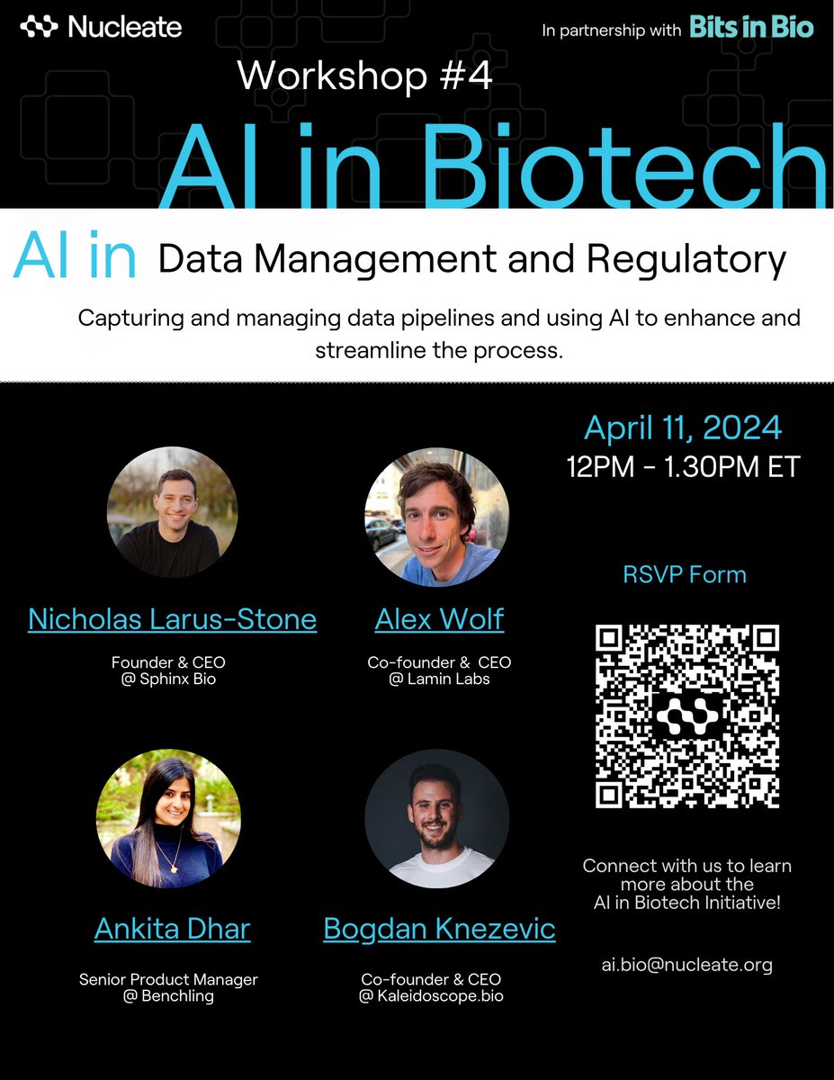 Join us for a special AI in Biotech event on April 11, 12-1:30pm EST. We're discussing Data Management and Regulatory with seasoned panelists: Alex Wolf, Nicholas Larus-Stone, Ankita Dhar, and Bogdan Knezevic. 

✨Sign up here: us06web.zoom.us/webinar/regist…