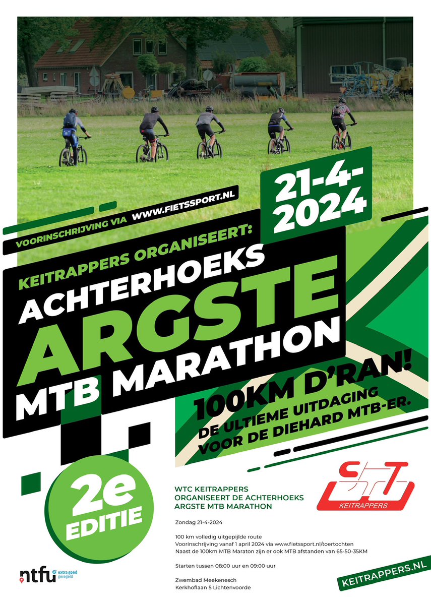 De inschrijving is open ! 🌲🚴‍♂️ Op zoek naar een uitdagende mountainbiketocht in de Achterhoek? Achterhoeks Argste MTB Marathon 2024 op 21-4-2024! Een unieke route door bossen, MTB-routes en zandwegen .Schrijf je in op fietssport.nl/toertochten/55… 🚵‍♀️🌳 #MTBmarathon