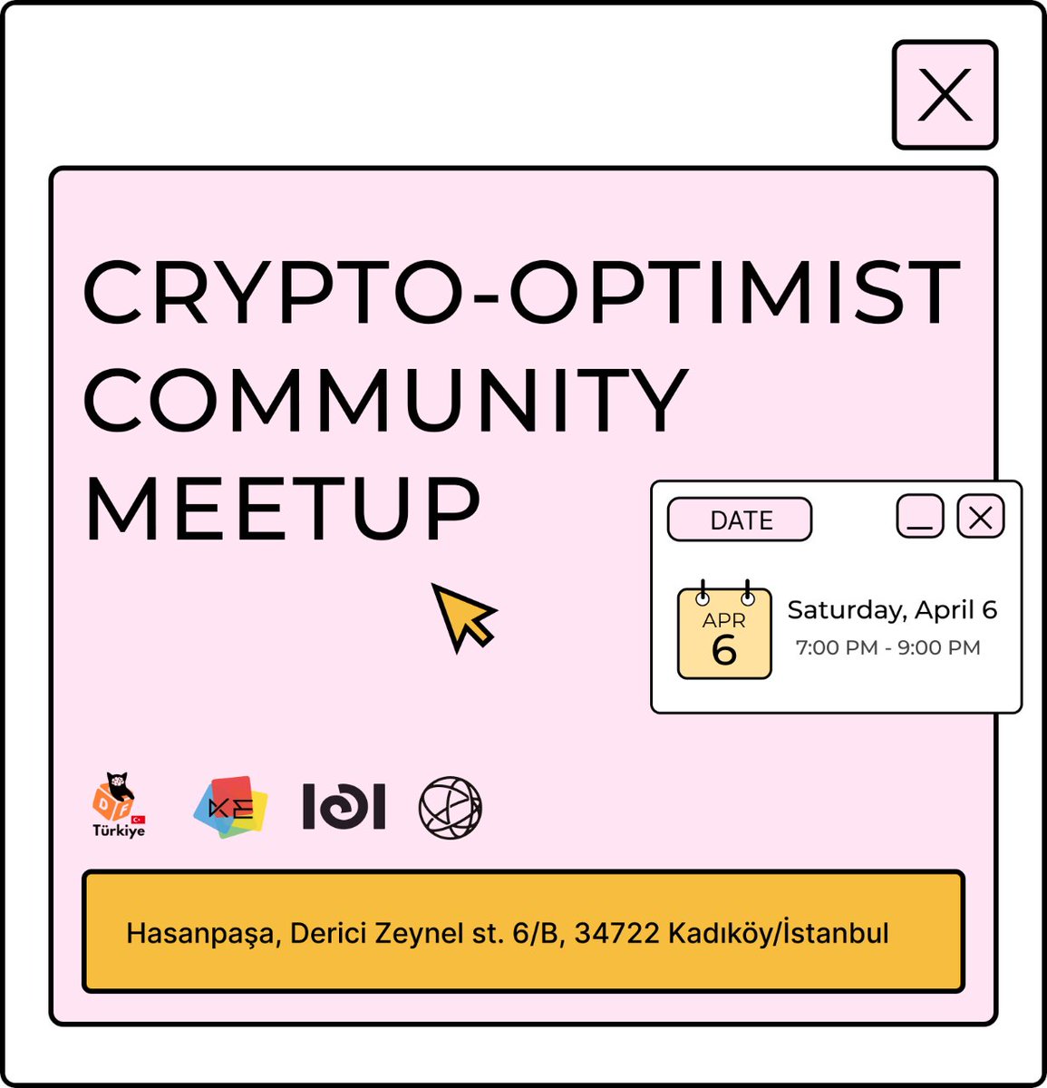 Say hello to our new community 👋 We are discussing business, expanding our network, and having nice time with other crypto enthusiasts👐 Join us for our first weekly meetup in 6 April🤝 📍Kadıköy, İstanbul 🕓7:00 PM GMT+3 📅06.04 Details⤵ lu.ma/kripto-optimis…