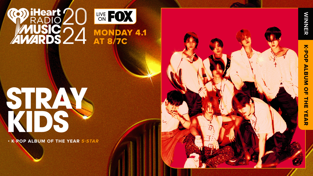 StrayKidsGlobal's tweet photo. [🏆]

Congratulations @Stray_Kids for winning "Kpop Album Of The Year" with #5_STAR at the iHeartRadio Music Awards 2024! 

#StrayKids #스트레이키즈 
#iHeartAwards @iHeartRadio https://t.co/xkolNaZpYP