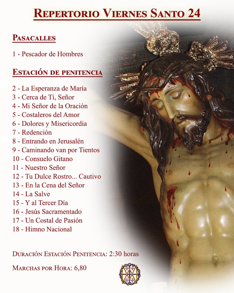 La noche del pasado Viernes Santo nos desplazamos hasta la localidad de Marmolejo para acompañar al Stmo. Cristo de la Vera Cruz.

Os dejamos con el repertorio  interpretado tras el Stmo. Cristo de la Vera Cruz.
#quesuenelasnieves #ViernesSanto2024
