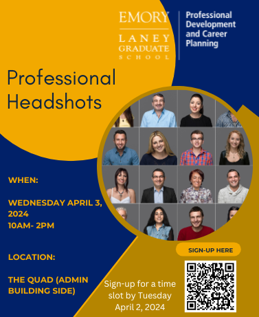 Current LGS Students Only: Sign up for an appointment to have a professional headshot taken. Headshots will take place on the Quad side of the Administrative Building (201 Dowman Dr). Please check your email in the event of rain for more information about a new location.