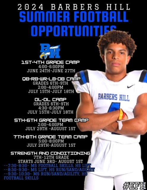 All Barbers Hill Football Camps as well as Strength and Conditioning are open for registration at this time. Get signed up for the best instruction and preparation you will get all summer for Eagle Football. #EFH barbershillisd.store.rankone.com/Camp/List