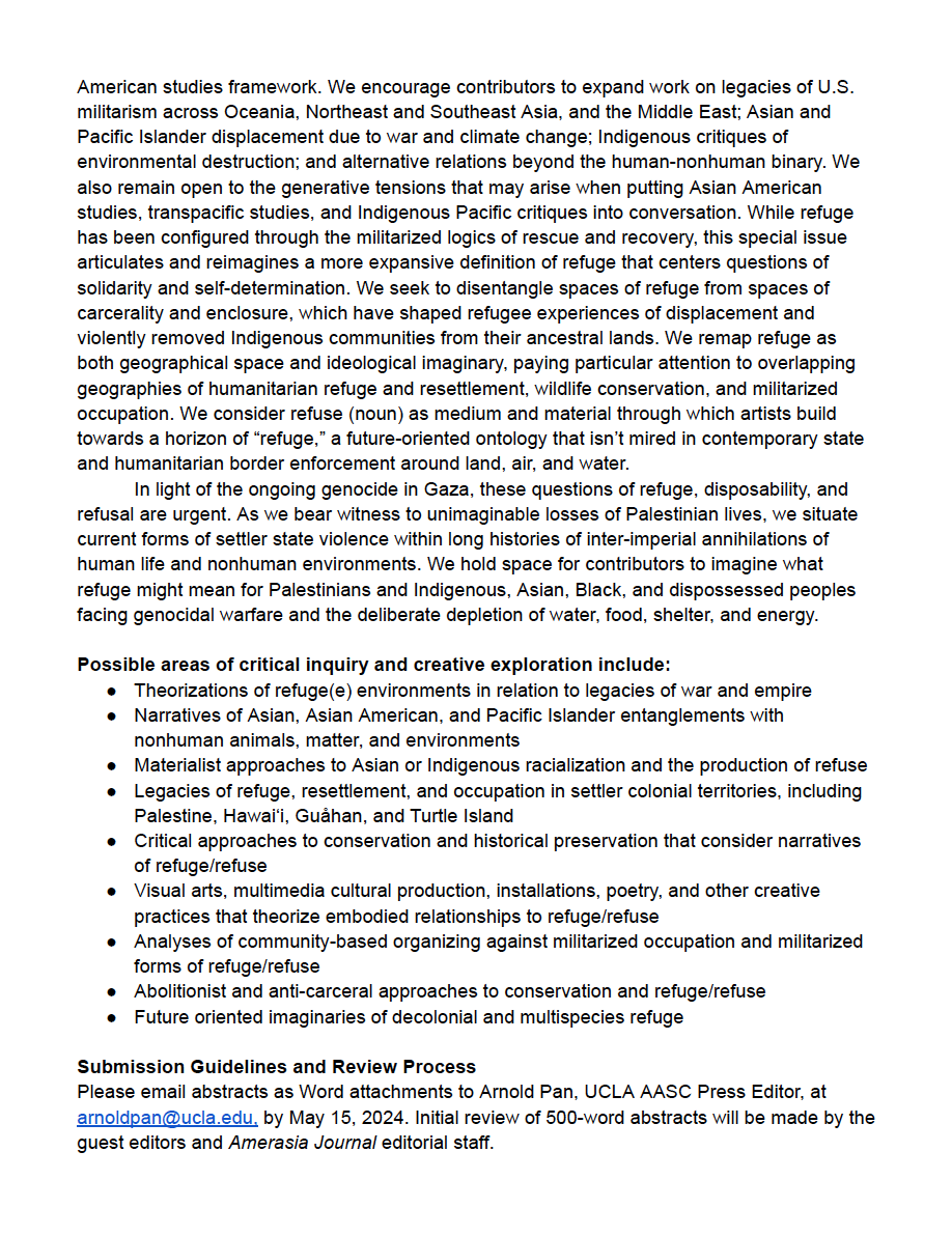 Excited to co-edit this special issue of Amerasia Journal with Heidi Amin-Hong (@heidiaminhong) and Emily Hue on 'Between Refuge and Refuse: New Mediums/Methods for Theorizing Refuge(e) Environments.' Please share widely and consider submitting an abstract, due May 15!