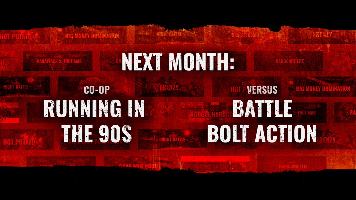 🤡 Just kidding! Next month's mode will actually be: 🏃‍♂️ Running in the 90’s: Move fast, soak hits, don’t aim, and experience Sandstorm co-op with a late 90s FPS twist. ⚡ Battle Bolt Action: Attack or defend the line. Take one objective at a time using bolt-action weapons.