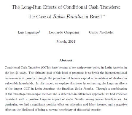 📢¡Nuevo documento de trabajo CEDLAS! ¿Cuál es el impacto de las transferencias condicionadas de ingreso (CCT) en el largo plazo? Para responder esta pregunta @luislaguinge, Leonardo Gasparini y @GNeidhofer evalúan el impacto del programa Bolsa Familia en Brasil Abrimos 🧵👇 1/9