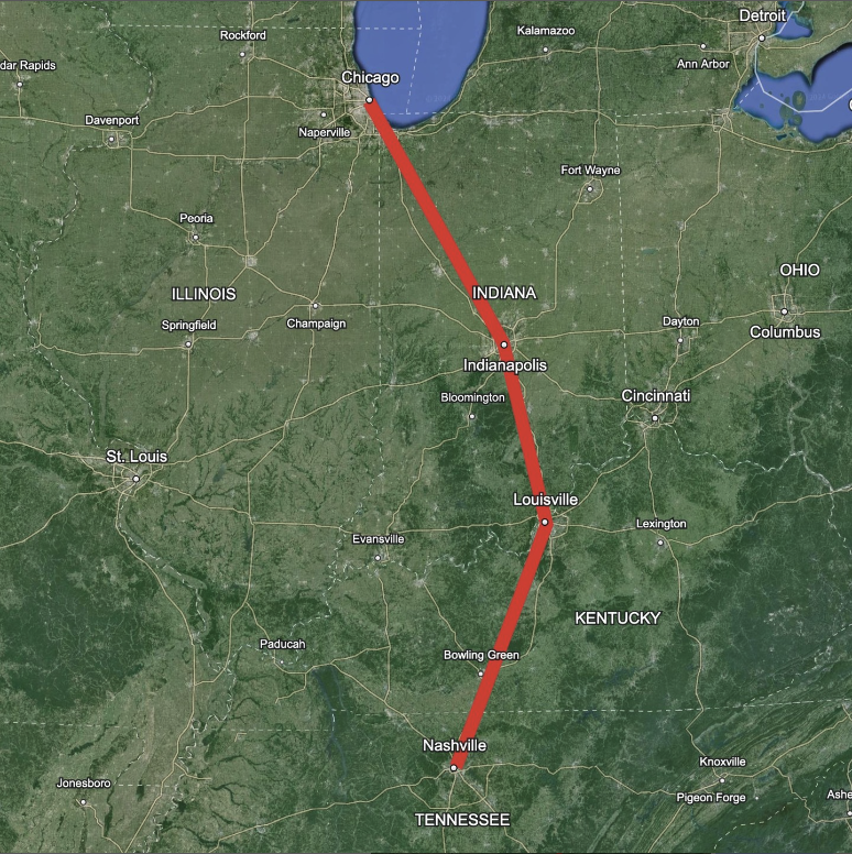 There are 80 flights daily between Chicago, Indianapolis, Louisville and Nashville. High-speed rail could easily connect these cities within 3 hours of each other. Chicago <-> Nashville: 40 Chicago <-> Indy: 20 Chicago <-> Louisville: 20