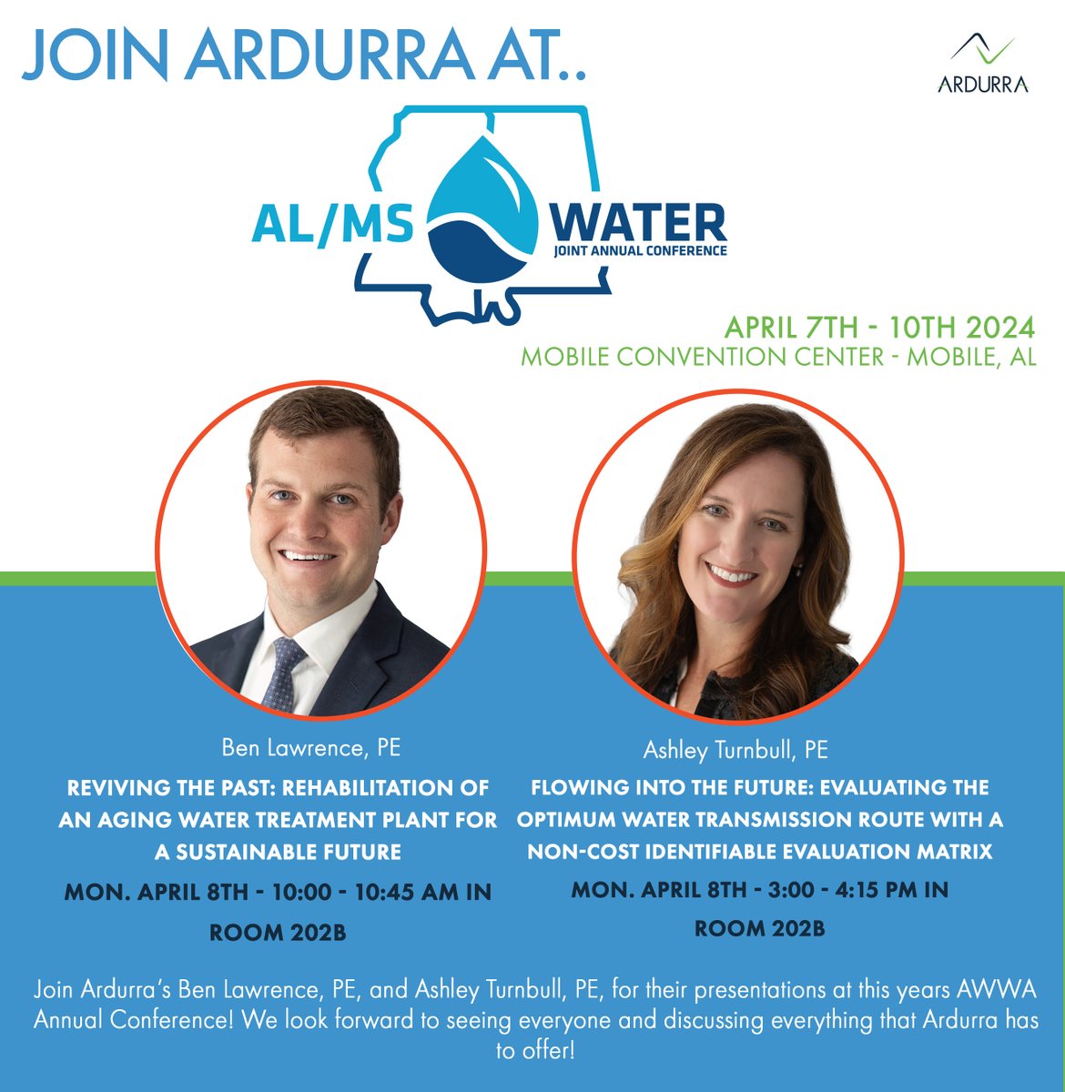 Join #Ardurra at this year's AWWA Annual Water Conference! Our very own Ashley Owens Turnbull, PE and Benjamin Lawrence will be giving presentations on topics of their expertise. We hope to see you there!! #ArdurraFamily #TeamArdurra