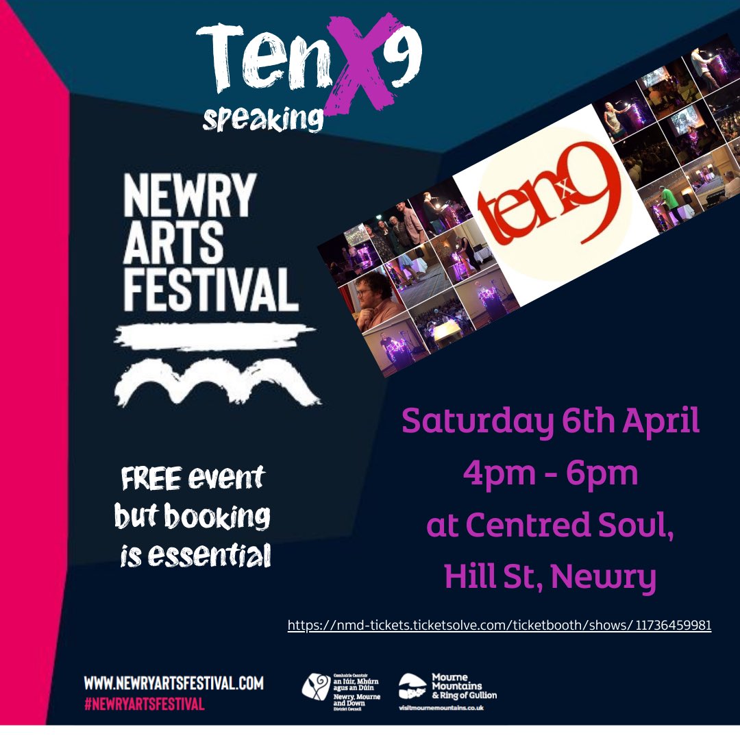 Here’s a reminder - tenx9 is back in Newry on Saturday afternoon.👍 Got a story on the theme FUTURE? Then get in touch at tenx9.com🤗 Info in the photo & free but you’ll need to book here: nmd-tickets.ticketsolve.com/ticketbooth/sh… 🎙️ #NewryArtsFestival #VisitMourne #tenx9 #free
