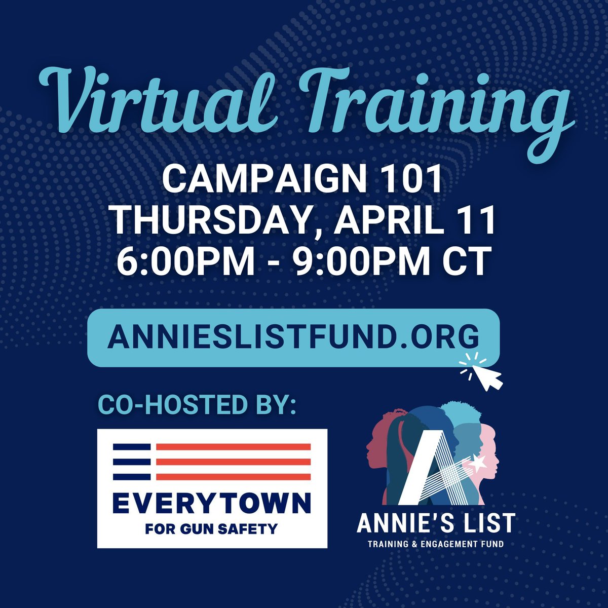 We're looking forward to partnering with our friends at @Everytown for our next virtual Campaign 101 training! Are you considering a run for office in the future? Join us online on Thursday, April 11th! 

Register here: secure.actblue.com/donate/v101-04…