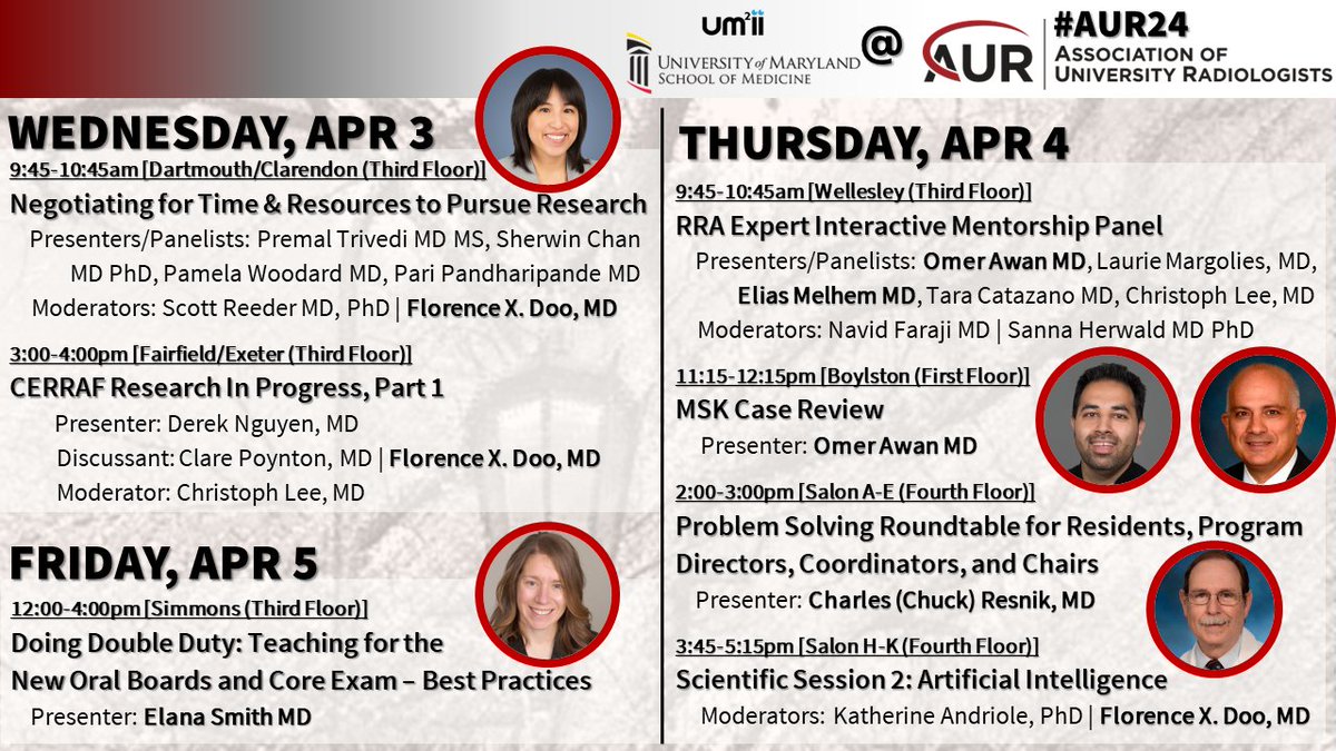 Look forward to catching up with everyone at @AURtweet #AUR24🥳 Would love to see folks at our @UMMCRadiology @UM2ii faculty & chair speaking sessions🙌🏼 (@AwanRad, Dr. Elana Smith, Dr. Chuck Resnik & Dr. Elias Melhem & co-speakers; also @nyahyavi!) #CERRAF #radres #futureradres